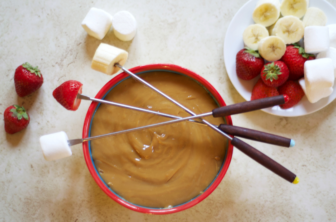 Dulce de Leche Fondue with Marshmallows, Strawberries and Banana for dipping.