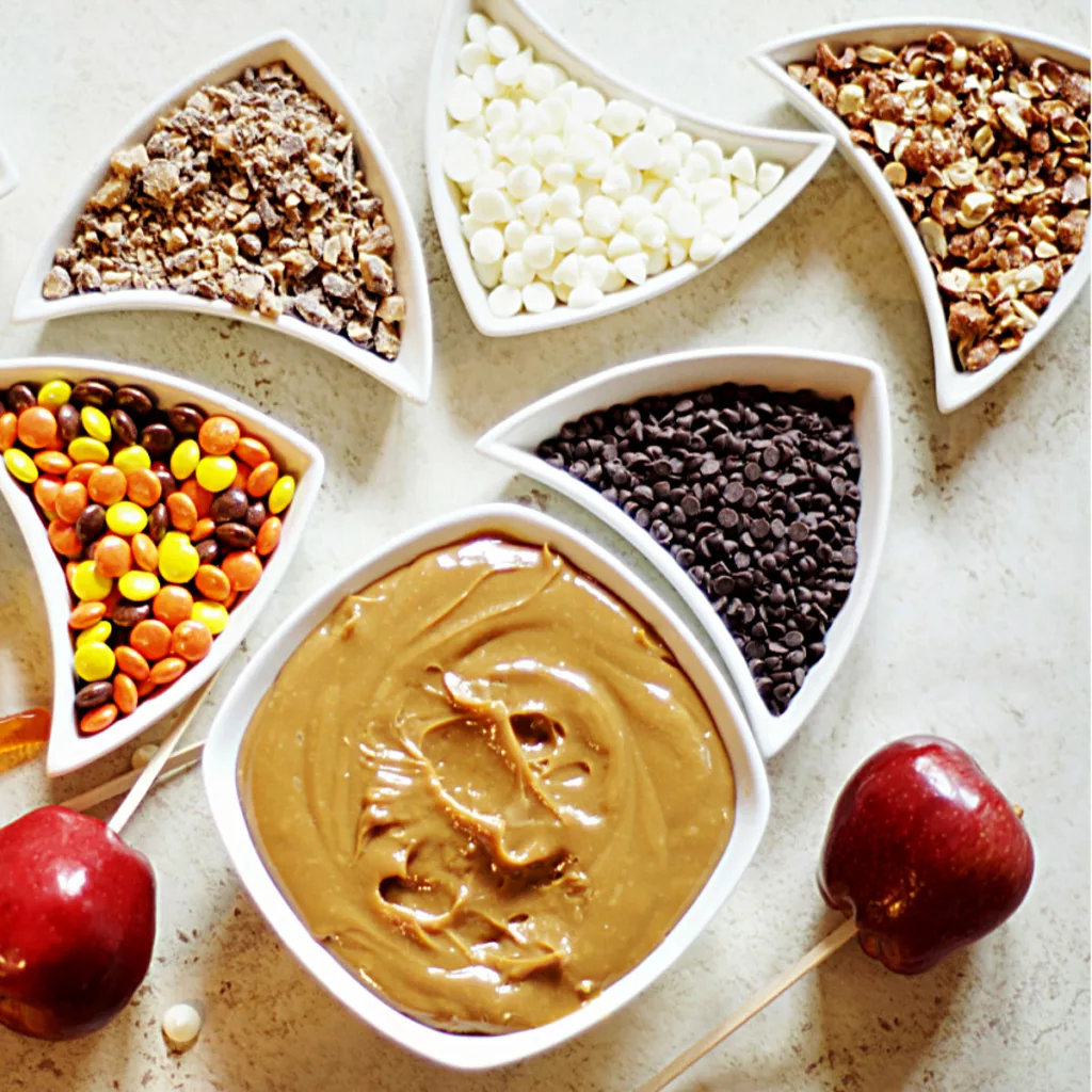 Apple slices with Dulce de Leche and Candy Toppings