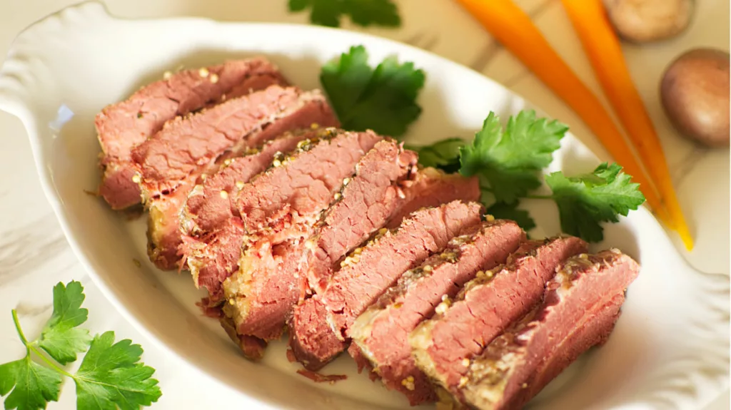 Platter of Sous Vide Corned Beef, sliced and ready to eat.