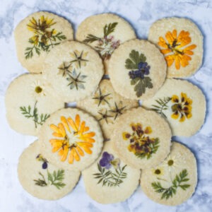 A variety of flower pressed shortbread cookies.