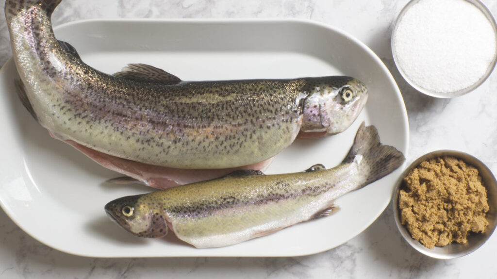 White plate containing 2 rainbow trout with a small bowl of sugar and. bowl of salt beside the fish.
