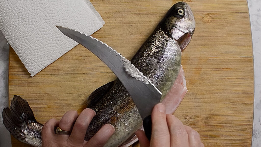 Wooden board with a rainbow trout on it, the scales are being removed from the fish using a serrated knife. On the board is a white piece of kitchen paper.