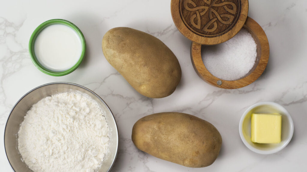 Ingredients needed for Irish Potato Farls - potatoes, salt, milk, flour and butter.